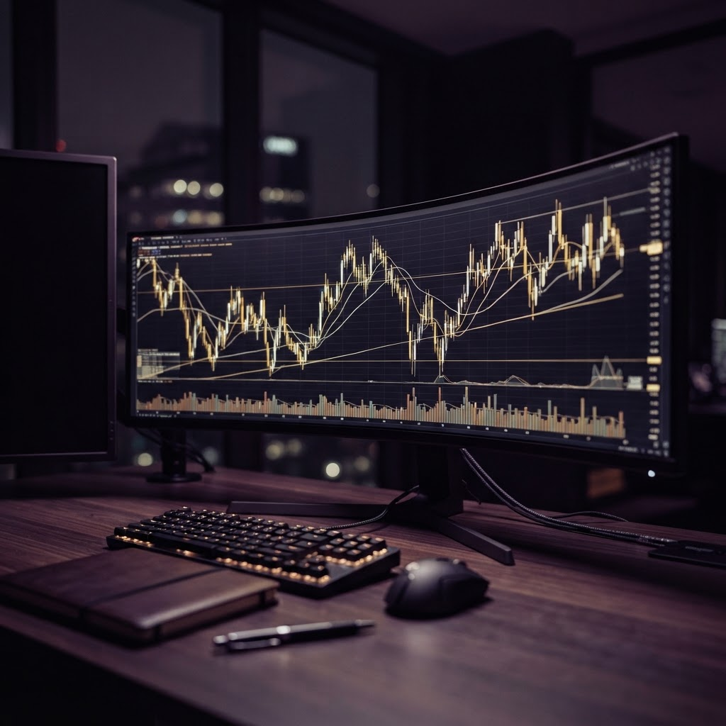 Monitor exibindo gráficos de candlestick de ações em mesa de operações
